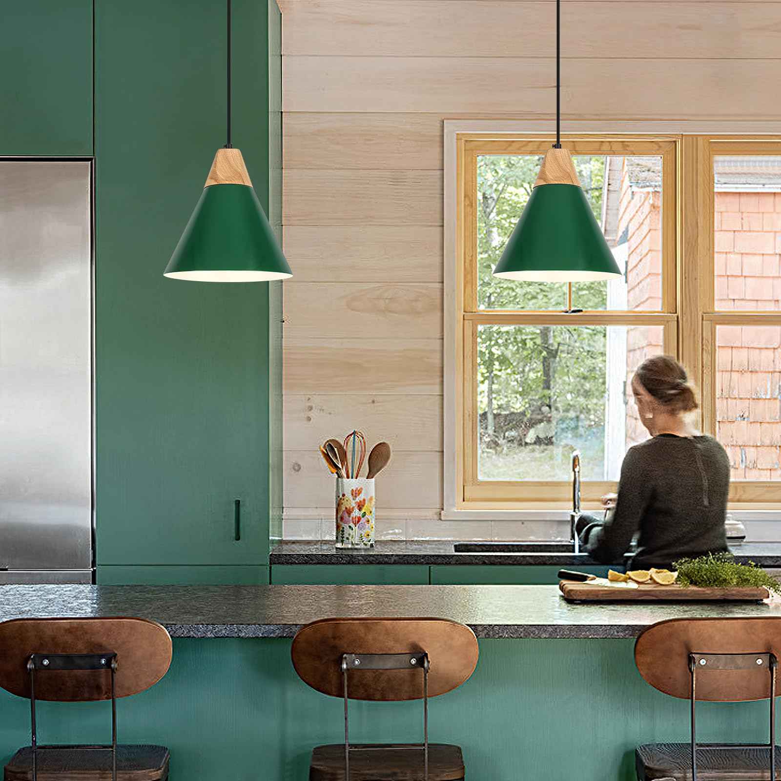 Farmhouse Pendant Light, 9.4inch, 2 Packs- Green Industrial Kitchen Pendant Lights, Pendant Lights Kitchen Island, Pendant Light for Bedroom, Office, Kichen Sink, Library