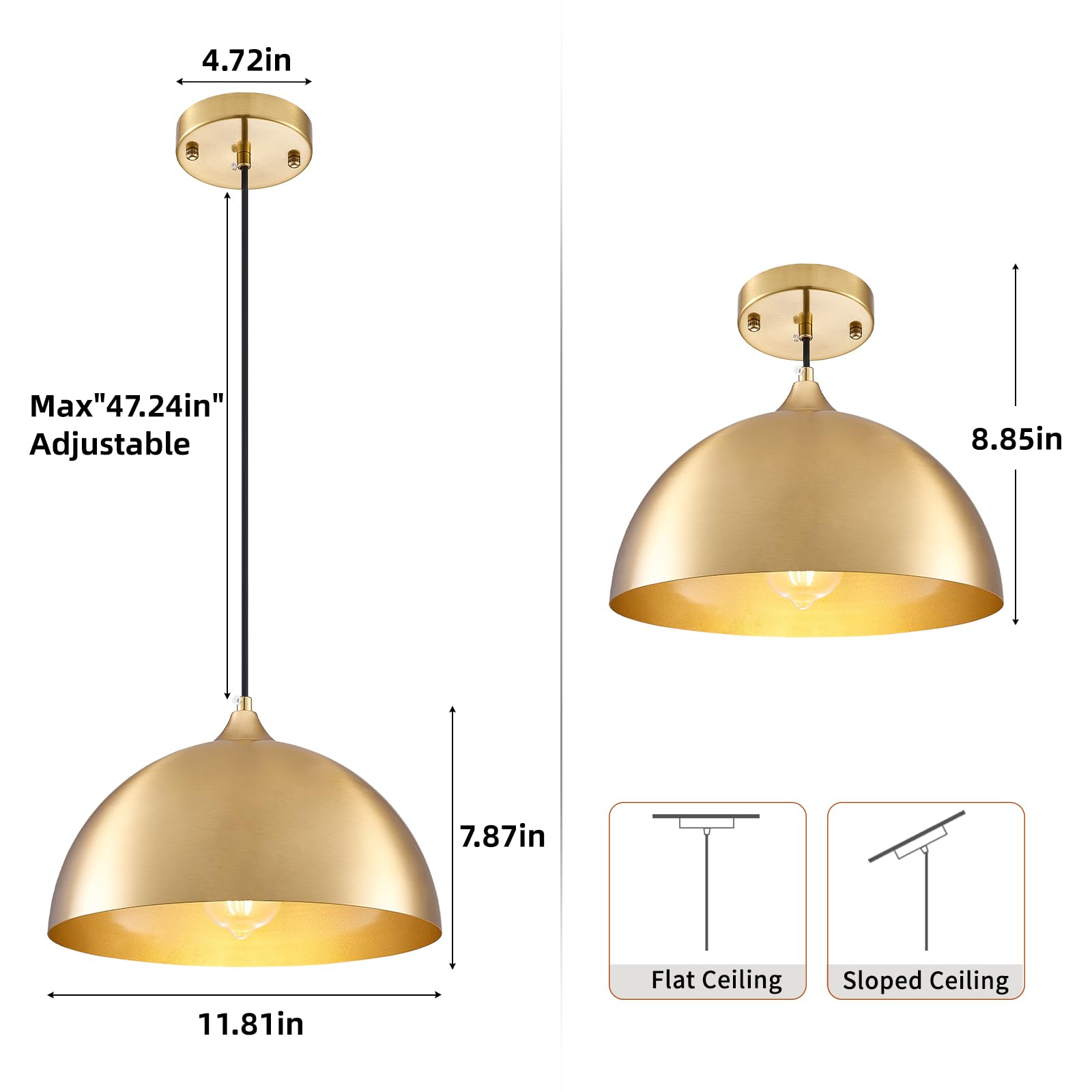 Gold-Electroplated Industrial Pendant Light 11.8inches 2 Packs,Mental Hanging Light Fixtures for Kitchen Island,Dome Pendant Light,Ceiling Light Fixtures for Restaurant Dining Room Aisle - Image 2
