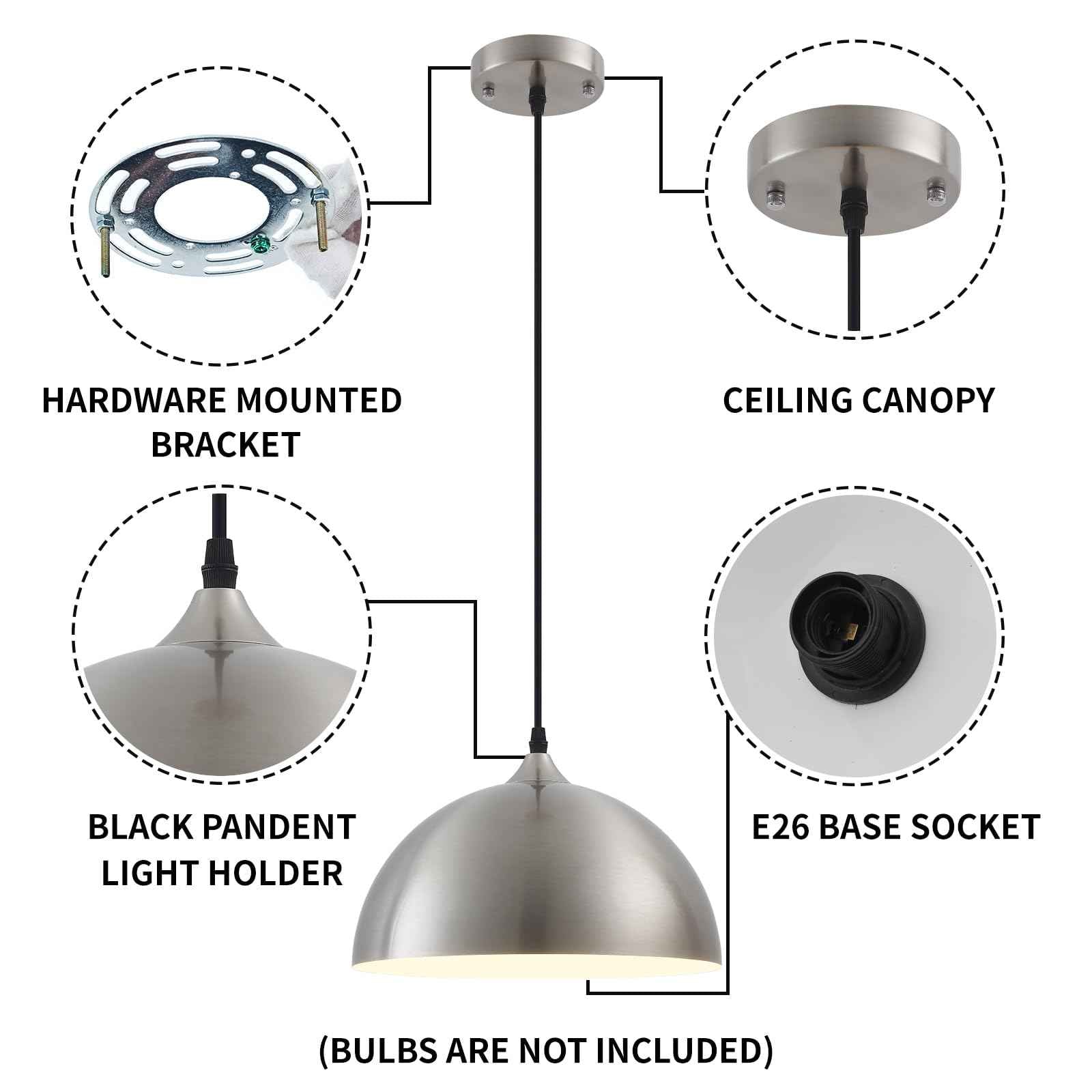 Brushed Nickel Industrial Pendant Light 11.8inches 2 Packs,Mental Hanging Light Fixtures for Kitchen Island,Dome Pendant Light,Ceiling Light Fixtures for Restaurant Dining Room Aisle