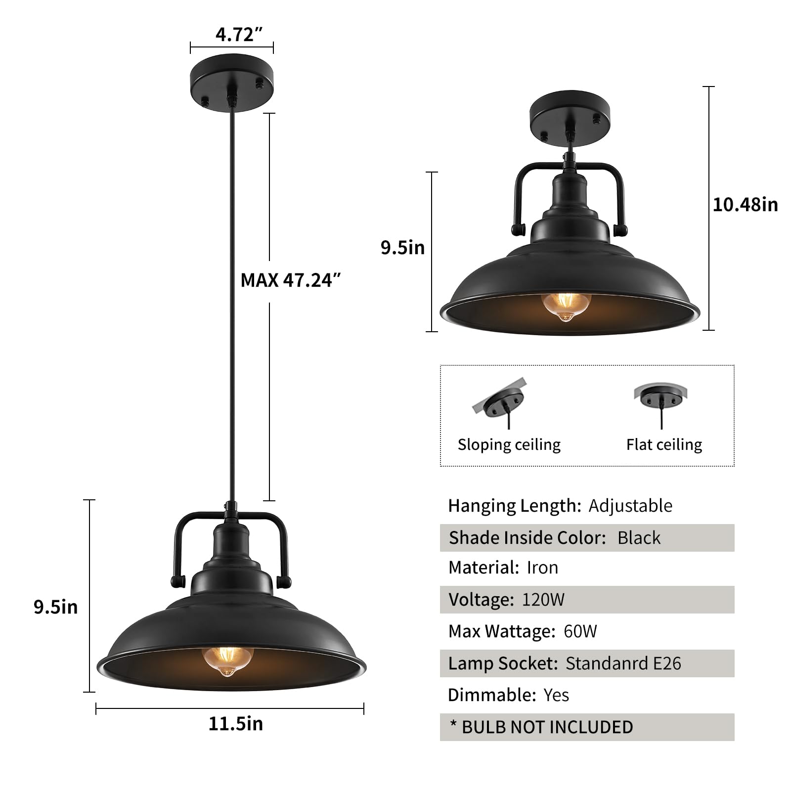 Black Pendant Light 12.5 inches 3 Packs, Farmhouse Pendant Light, Industrial Pendant Lighting, Kitchen Pendant Lights, Pendant Lights Kitchen Island for Dinning Room Entryway Barn - Image 2