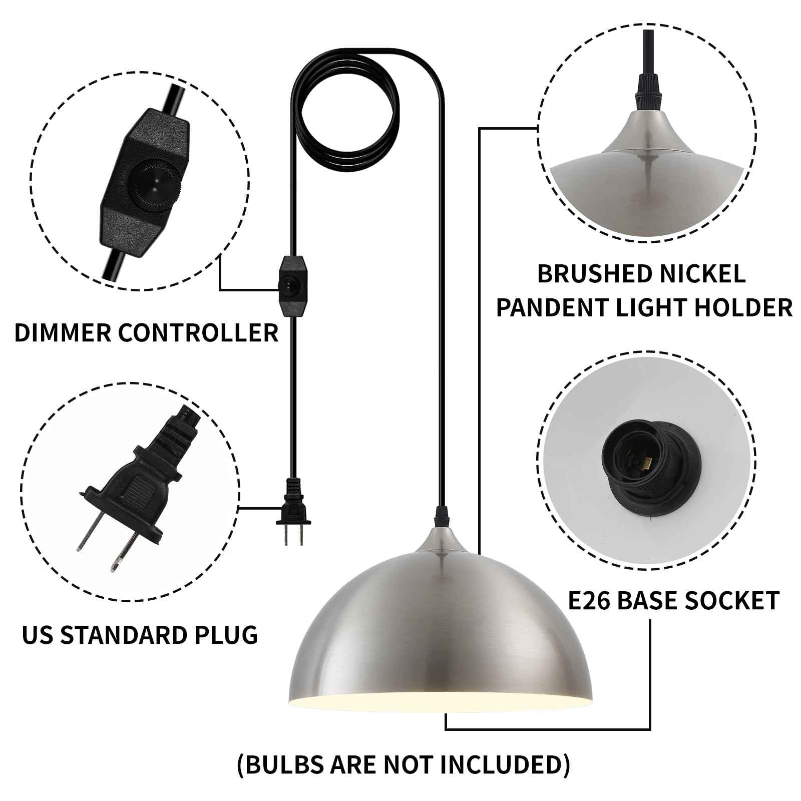 Brushed Nickel Plug in Pendant Light 2 Packs 11.8inch, Farmhouse Pendant Light, Pendant Lights Kitchen Island, Hanging Lights with Plug in Cord 14.7 ft