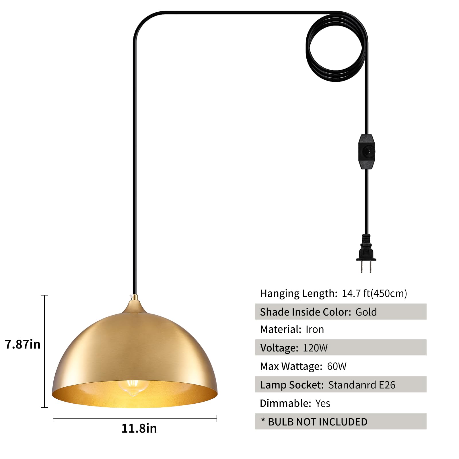 Plug in Hanging Light 2 Packs 11.8inch, Gold Hang Lamp Plug in, Farmhouse Pendant Light, Pendant Lights Kitchen Island, Hanging Lights with Plug in Cord 14.ft - Image 3