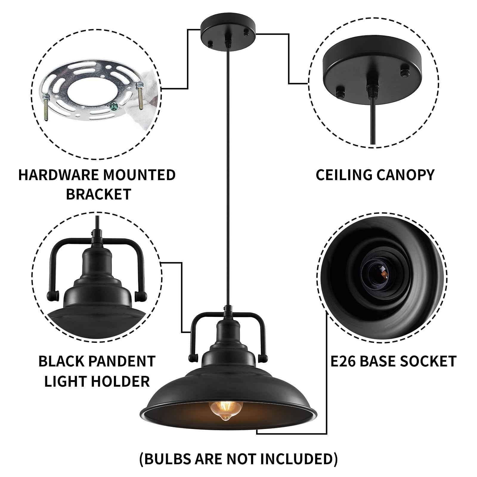 Black Pendant Light 12.5 inches 3 Packs, Farmhouse Pendant Light, Industrial Pendant Lighting, Kitchen Pendant Lights, Pendant Lights Kitchen Island for Dinning Room Entryway Barn