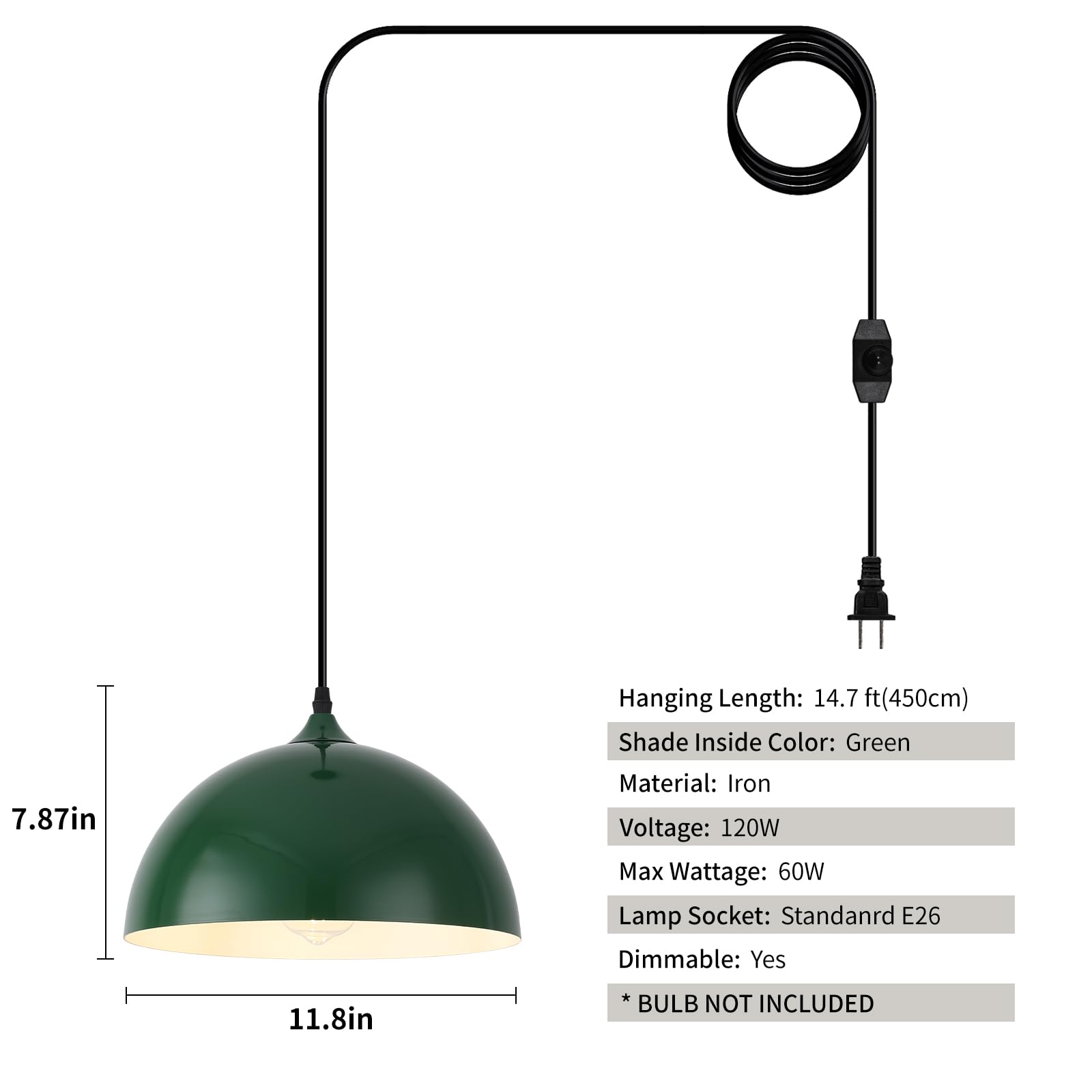 Green Plug in Pendant Light 2 Packs 11.8inch, Farmhouse Pendant Light, Kitchen Pendant Light, Pendant Lights Kitchen Island, Hanging Lights with Plug in Cord for Kitchen 14.7 ft - Image 3