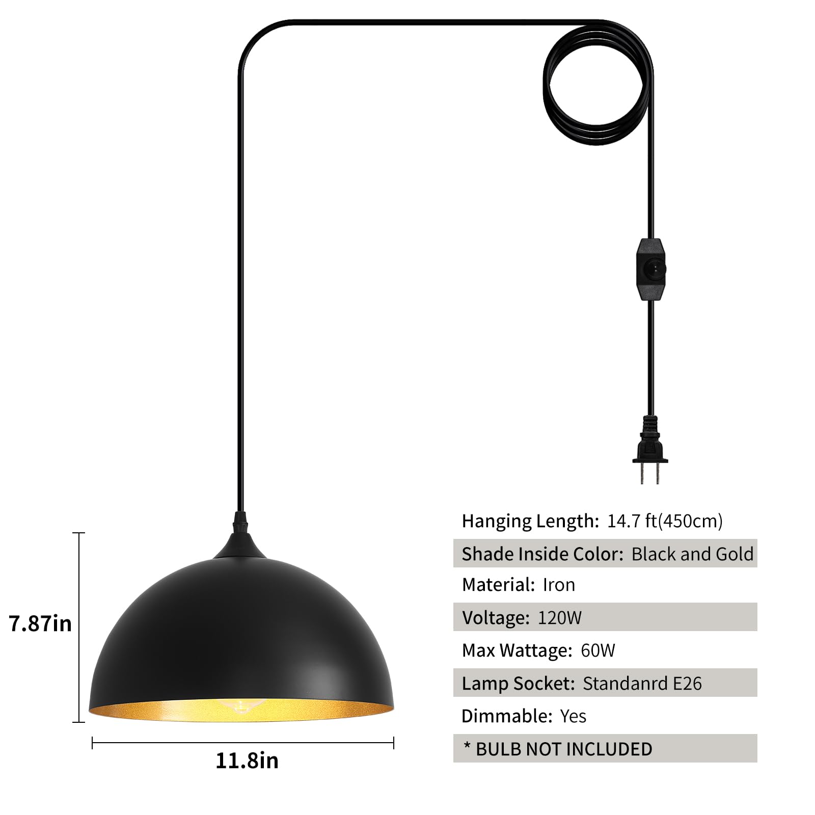 Black Plug in Pendant Light 2 Packs 11.8inch, Farmhouse Pendant Light, Kitchen Pendant Lights, Pendant Lights Kitchen Island, Hanging Lights with Plug in Cord 14.7 ft - Image 3