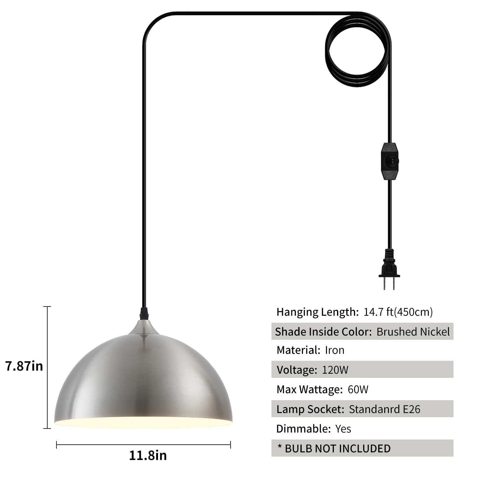 Brushed Nickel Plug in Pendant Light 2 Packs 11.8inch, Farmhouse Pendant Light, Pendant Lights Kitchen Island, Hanging Lights with Plug in Cord 14.7 ft - Image 3