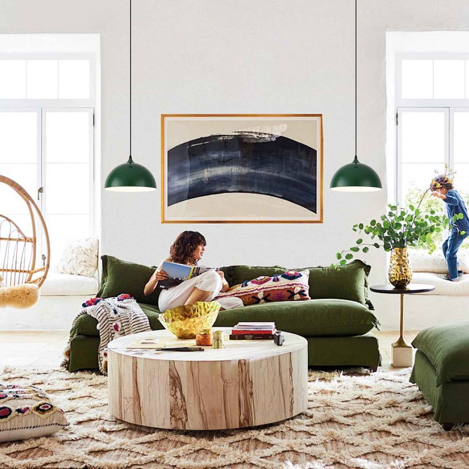 Green Plug in Pendant Light 2 Packs 11.8inch, Farmhouse Pendant Light, Kitchen Pendant Light, Pendant Lights Kitchen Island, Hanging Lights with Plug in Cord for Kitchen 14.7 ft