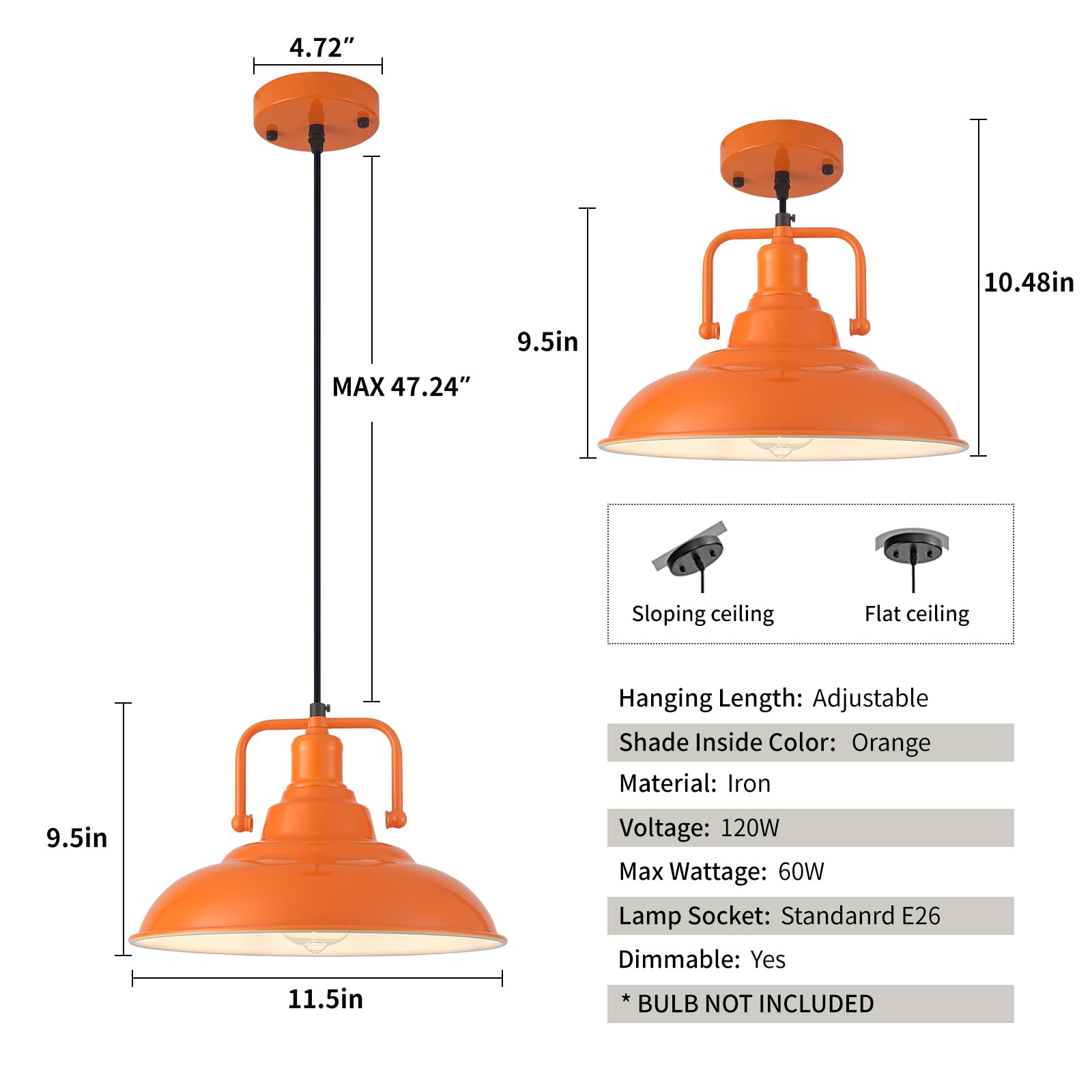 Orange Pendant Light 12.5 inches 3 Packs, Farmhouse Pendant Light, Industrial Pendant Lighting, Kitchen Pendant Lights, Pendant Lights Kitchen Island for Dinning Room Entryway Barn - Image 6