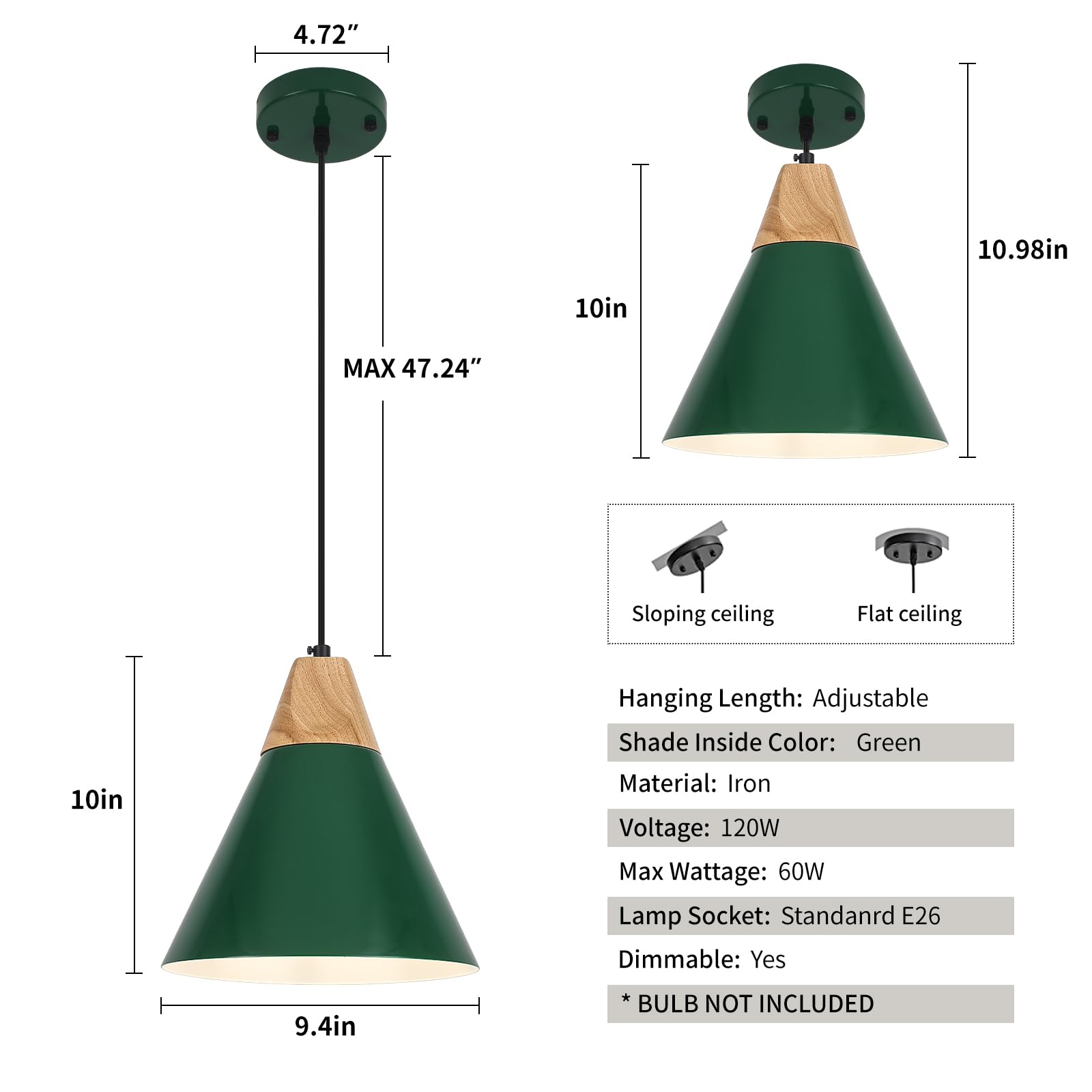 Farmhouse Pendant Light, 9.4inch, 2 Packs- Green Industrial Kitchen Pendant Lights, Pendant Lights Kitchen Island, Pendant Light for Bedroom, Office, Kichen Sink, Library - Image 6