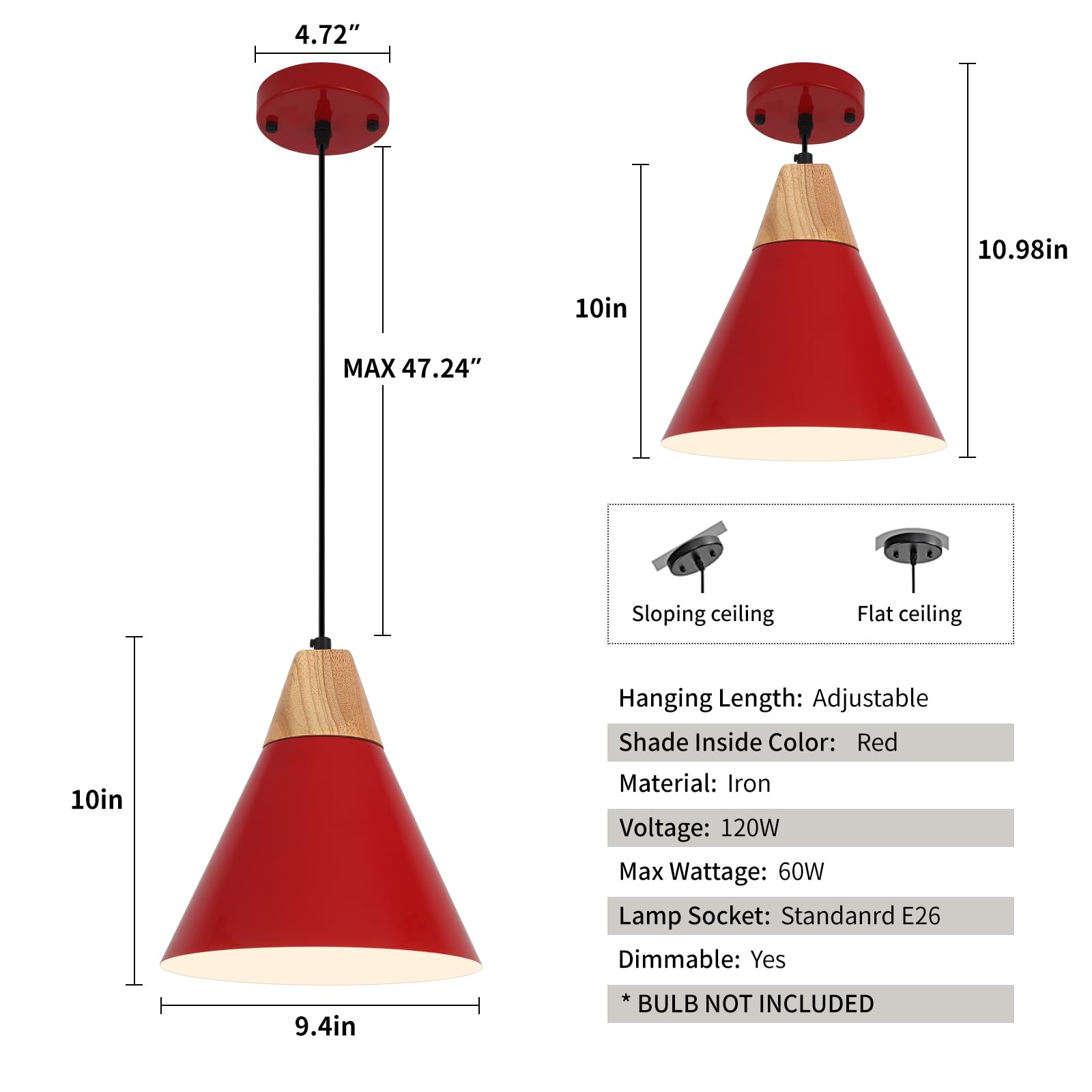 Red Pendant Light, 2 Packs 9.4inch Farmhouse Pendant Light, Kitchen Pendant Lights, Pendant Lights Kitchen Island for Living Room, Bar, Bedroom, Office - Image 6