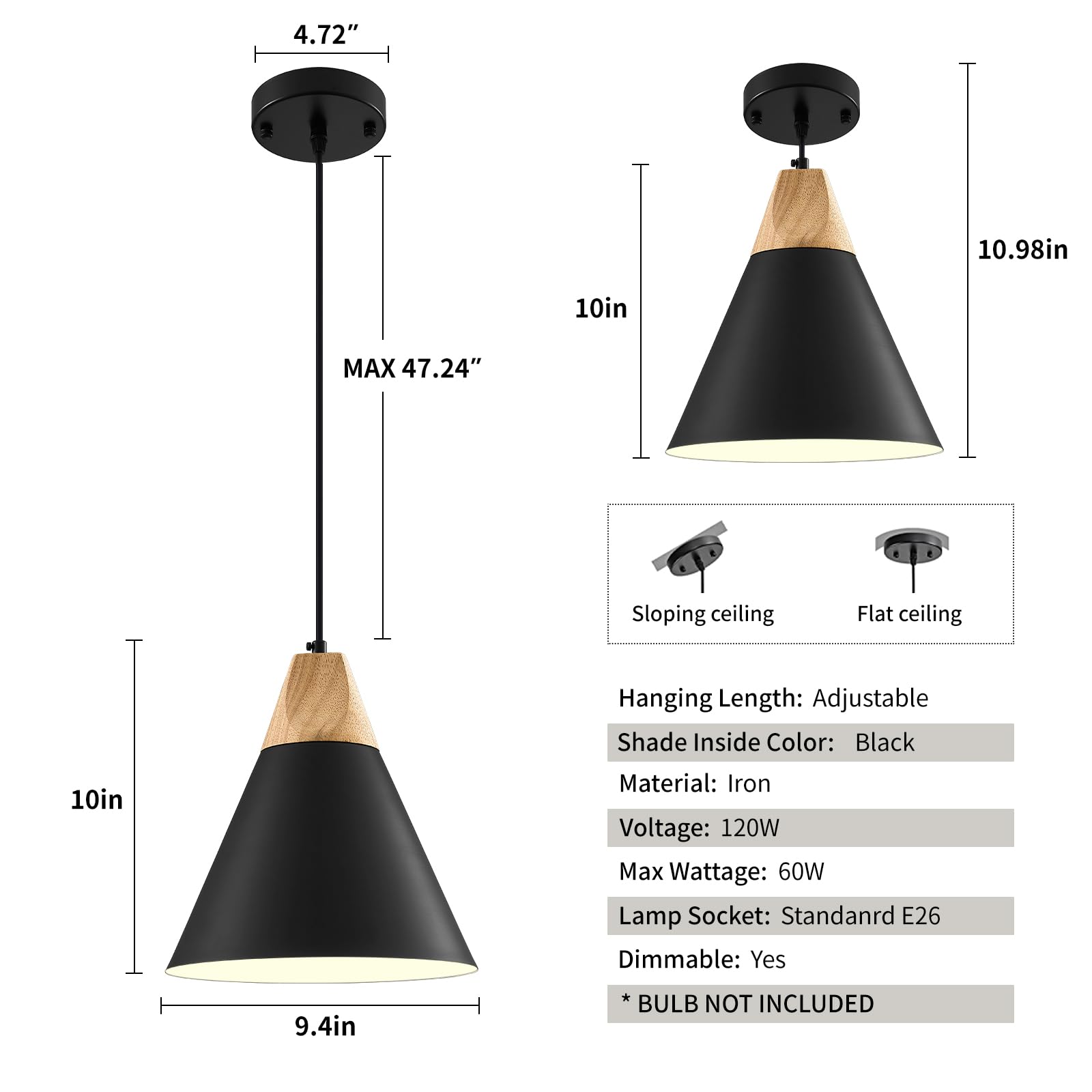 Black Pendant Light 2 Packs,9.4inches- Farmhouse Pendant Light, Modern Pendant Lights, Kitchen Pendant Lights for Office, Bedroom, Living Room, Kitchen Island - Image 6