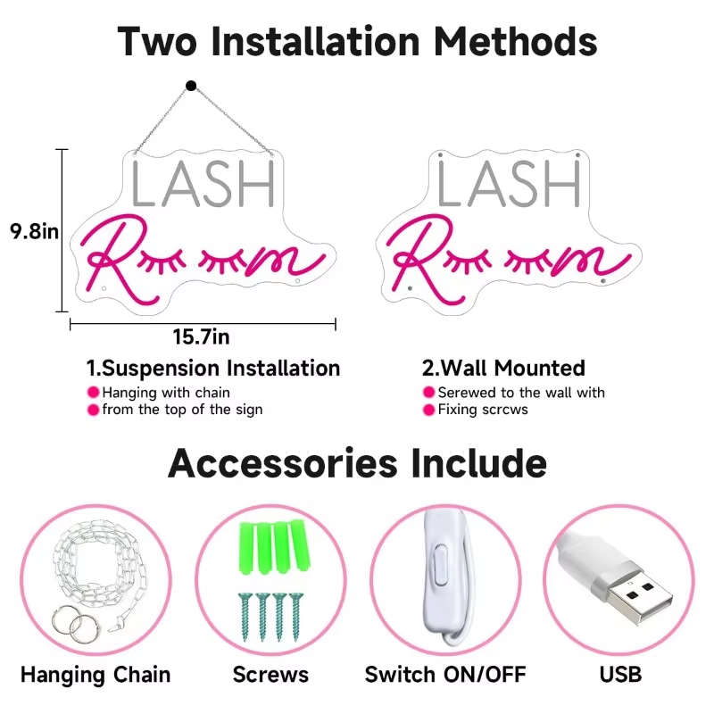 Lash Room Neon Sign Eyelashes Light Pink Glow LED Sign USB Powered Make up Beauty Room Home Wall Birthday Wedding Party Girls - Image 6