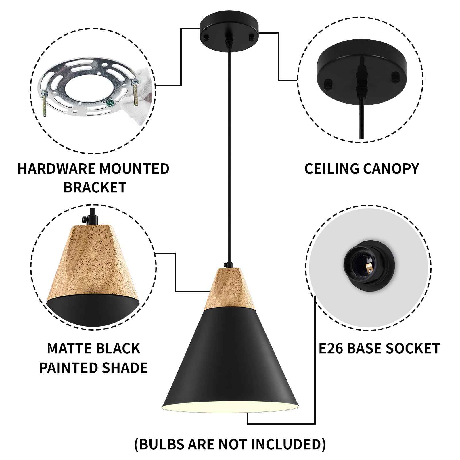 Black Pendant Light 2 Packs,9.4inches- Farmhouse Pendant Light, Modern Pendant Lights, Kitchen Pendant Lights for Office, Bedroom, Living Room, Kitchen Island