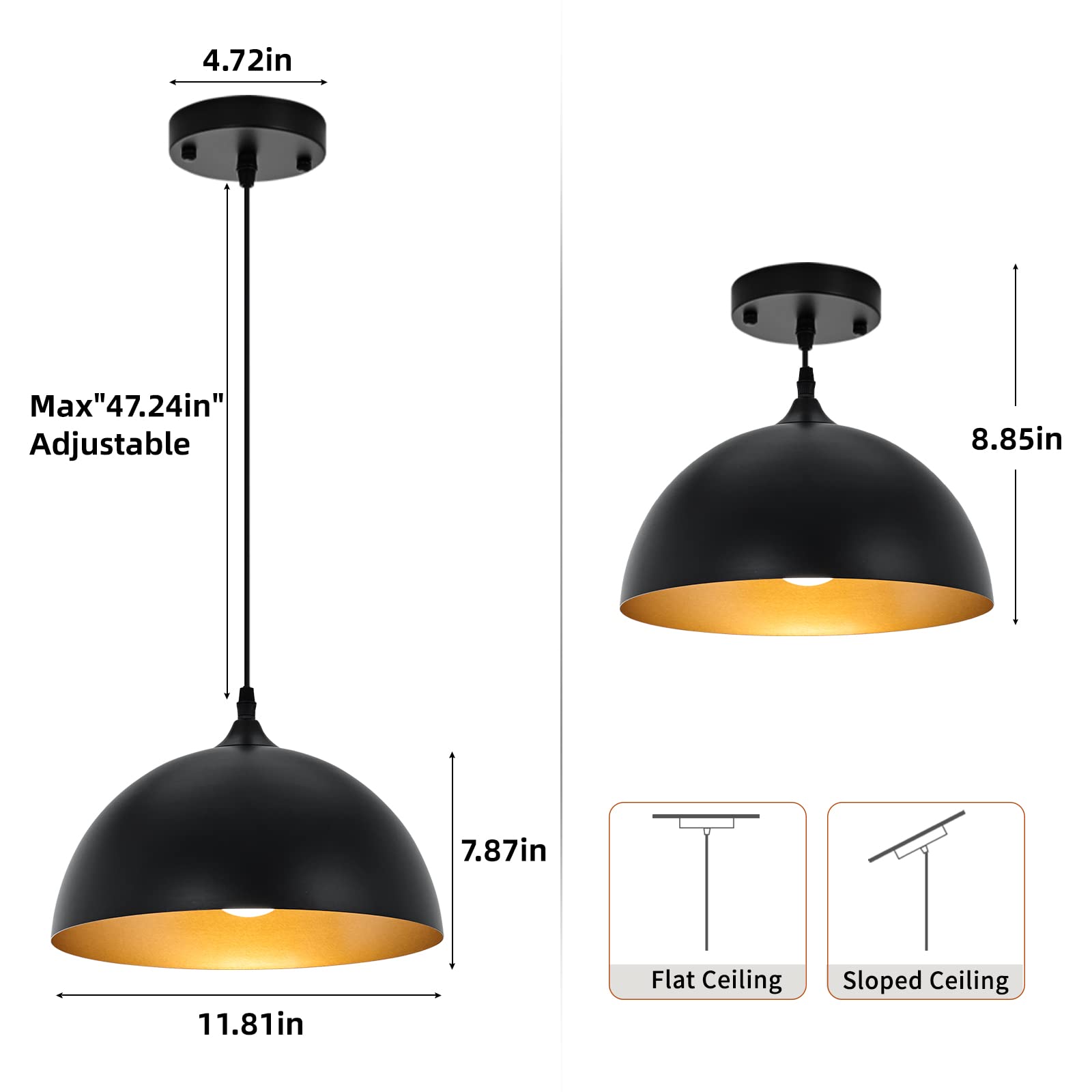 Farmhouse Pendant Lighting for Kitchen Island,Black and Gold Dome Pendant Light Fixtures, Industrial Hanging Ceiling Light for Dining Room Foyer Cafe Kitchen Sink,2 Pack - Image 5