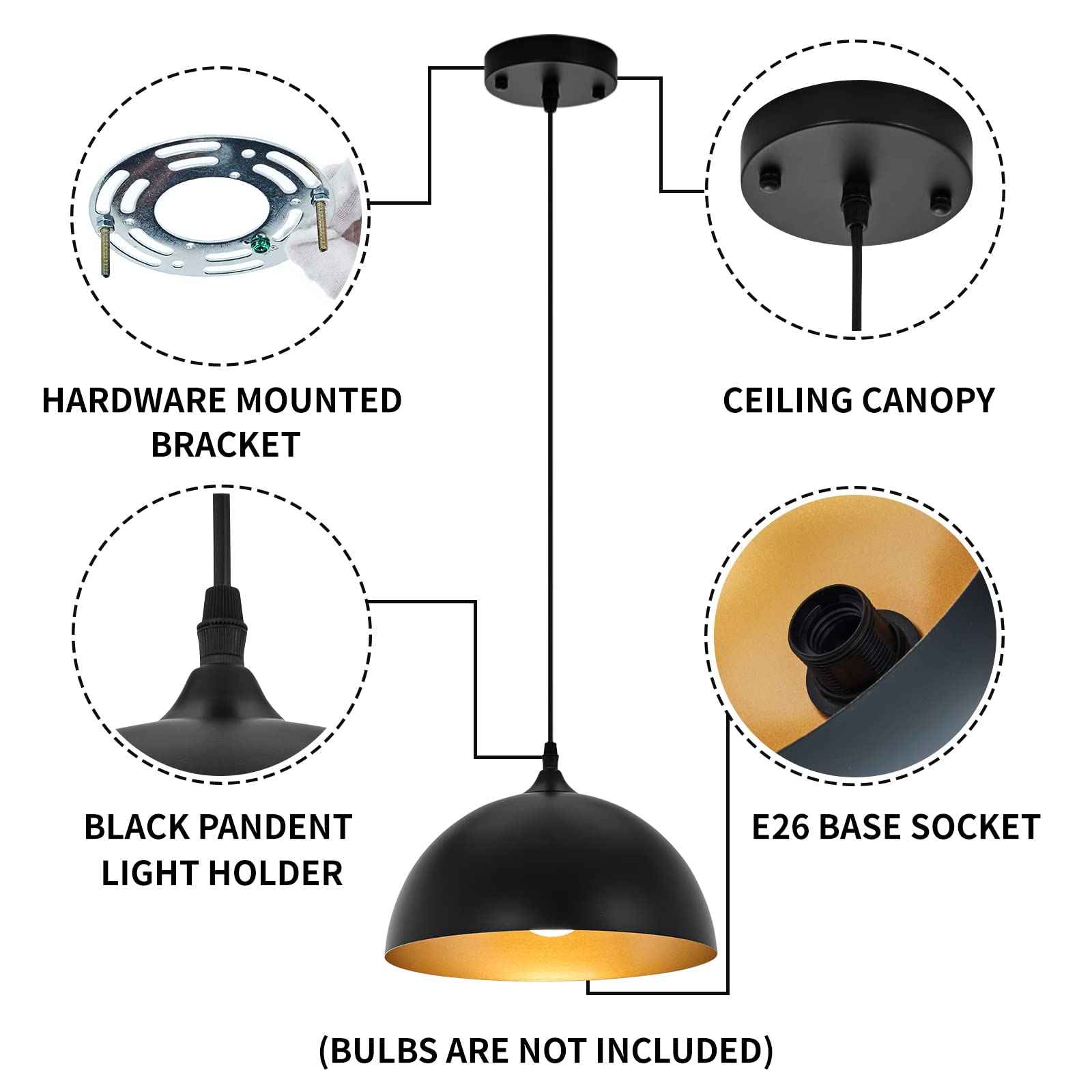 Farmhouse Pendant Lighting for Kitchen Island,Black and Gold Dome Pendant Light Fixtures, Industrial Hanging Ceiling Light for Dining Room Foyer Cafe Kitchen Sink,2 Pack